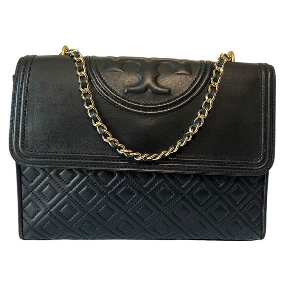 Tory Burch Fleming Leather Convertible Shoulder Bag Crossbody Black Quilted - Picture 1 of 12
